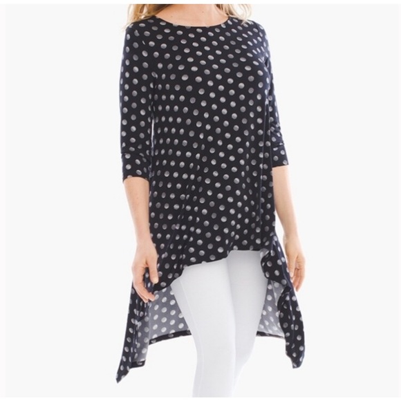 🦋CHICO’s black & silver SOLAR DOTS asymmetrical 3/4 sleeve tunic size 1 - Picture 7 of 7